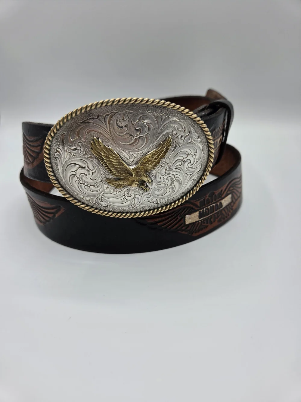 Honda Motor Leather Belt with Western Eagle Gold-Tone Buckle